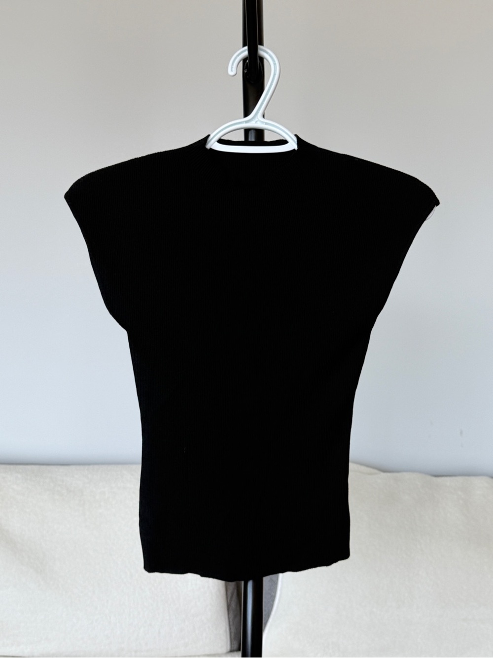 Lady Song Skims Black Ribbed Knit Cap Sleeve Sweater Top Shoulder Pad Slim Fit - Picture 3 of 6